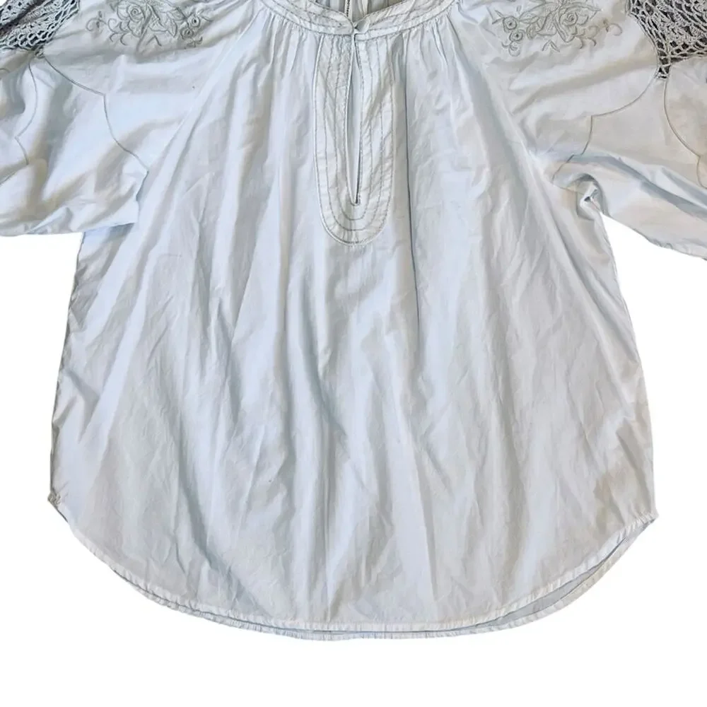 Anthropologie Women’s Sz S White Cream Crochet Blouse Short Puff Sleeve